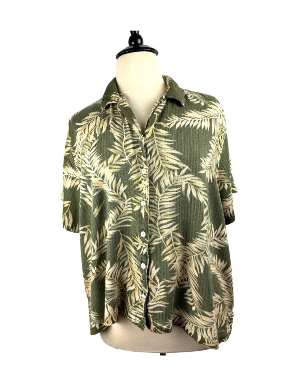 VTG Krazy Kat Women's Green Tropical Leaf Button-Up Shirt 3X Rayon Short Sleeve